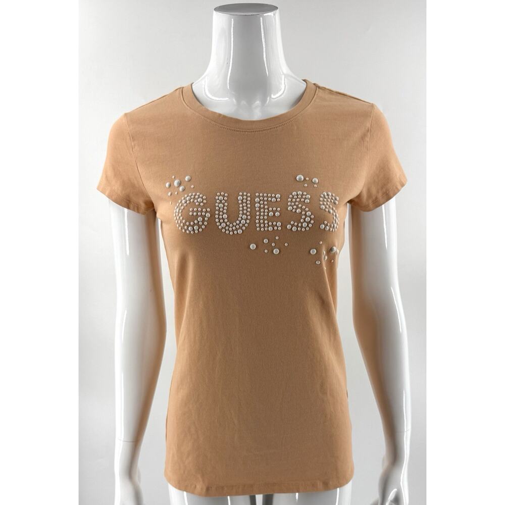 Guess Top Size Large Peach Orange Spellout Pearl Appliqué Logo Fitted Tee